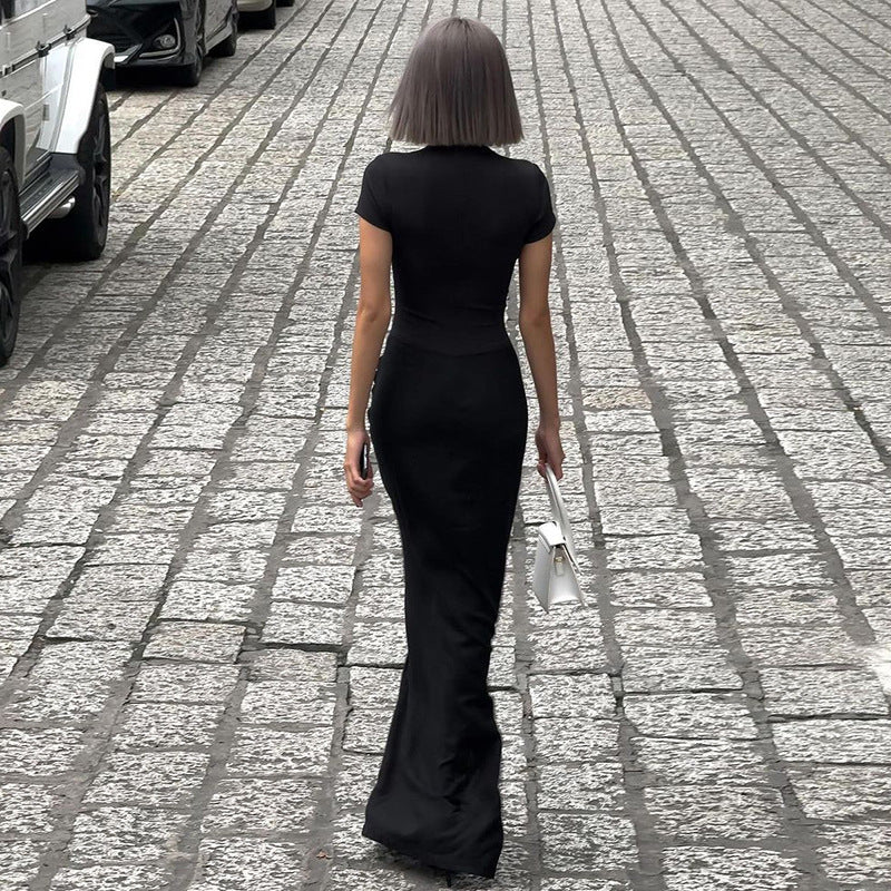 Winter Clothing Deep V Plunge Short Sleeve Color Pleated Maxi Dress