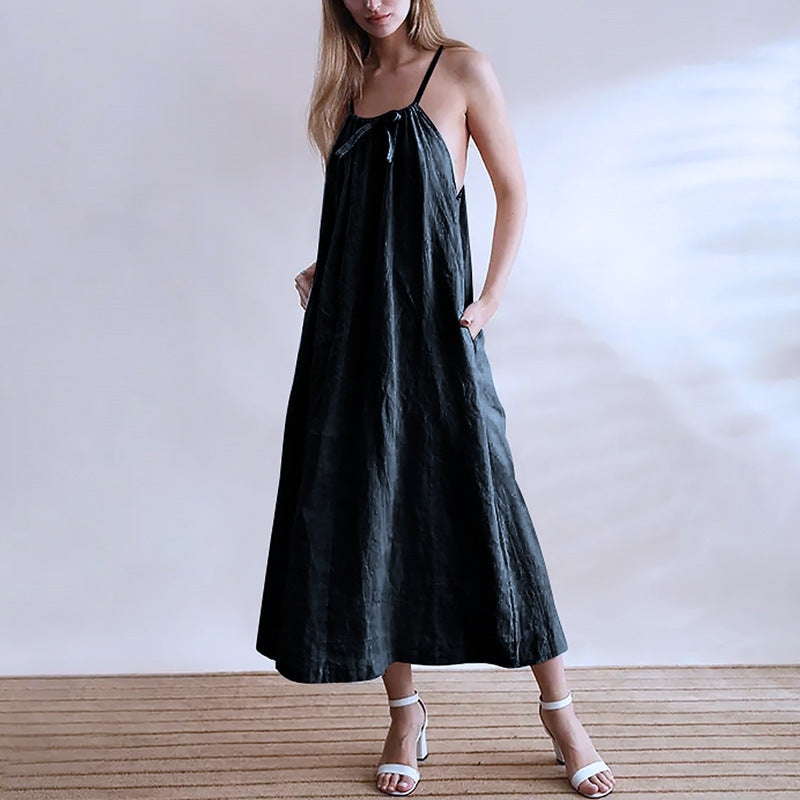Summer Linen Cami Dress Halter Strap Reverse Cotton Linen Niche Design Maxi Dress Clothing