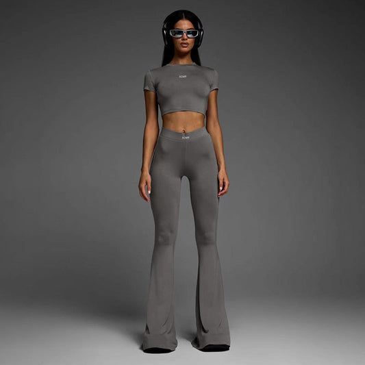 Sports Basic Pullover Cropped Short Sleeve Top High Waist Flared Pants Yoga Two Piece Set