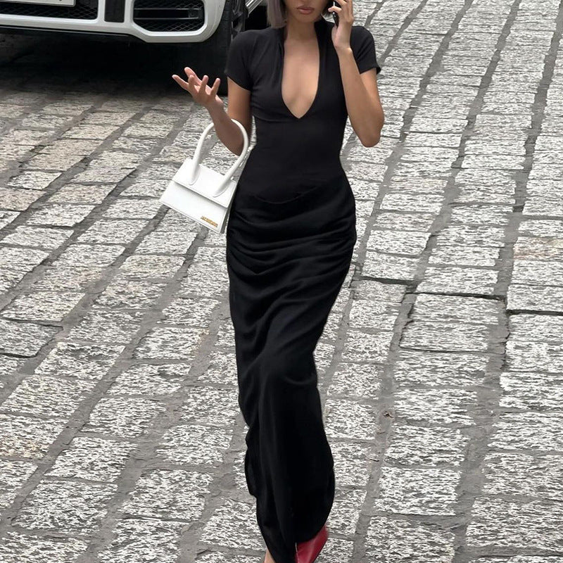 Winter Clothing Deep V Plunge Short Sleeve Color Pleated Maxi Dress
