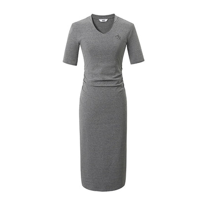 Sleek V-neck Midi Dress: Figure-hugging Bodycon With Elbow-length Sleeves in Heather Gray and Black