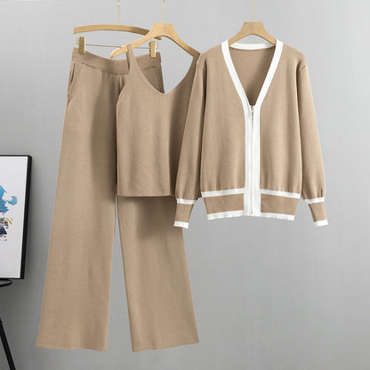 Spring Autumn Clothing Suit Tide Knitted Cardigan Sling Wide Leg Pants Three Piece Suit Suit