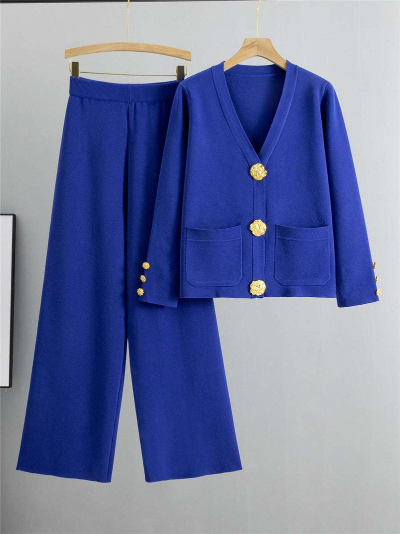 Knitted Cardigan Sweater Two Piece Set - Blue