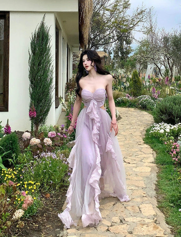 Strapless Purple Tulle Maxi Dress Summer Beach Vacation Outfit