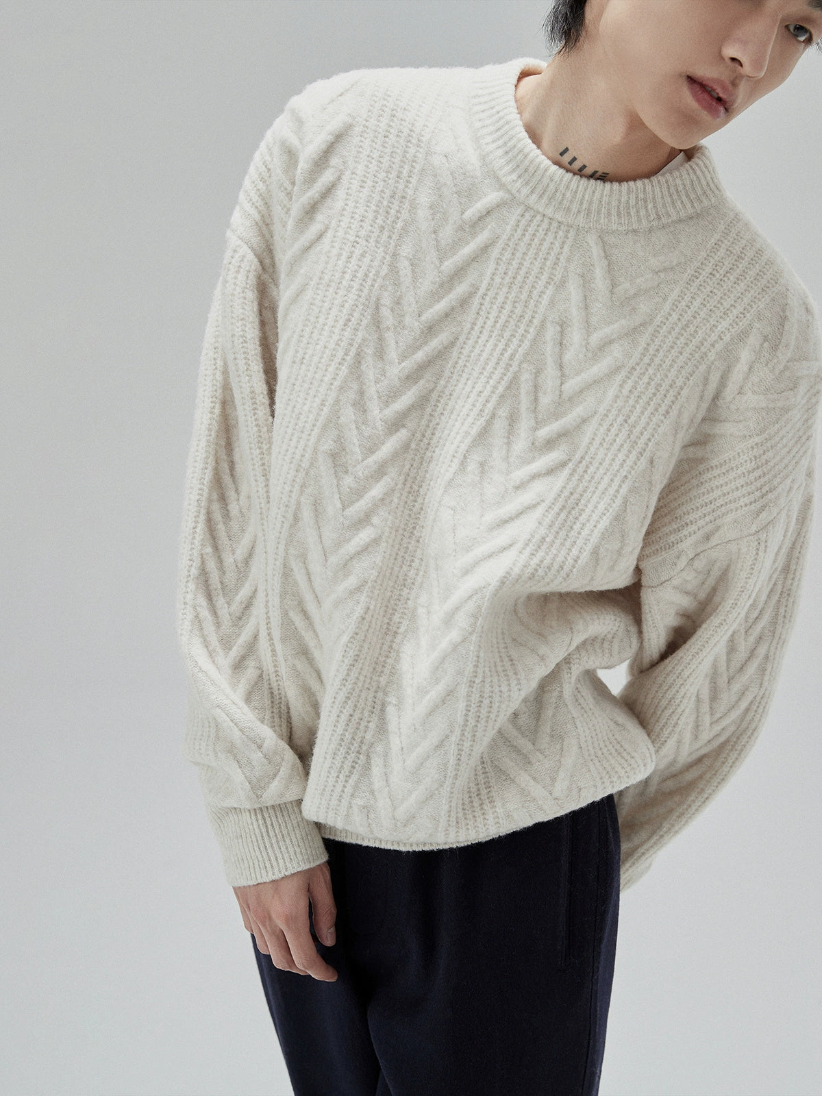 Cream Cable Knit Sweater With Chevron Pattern