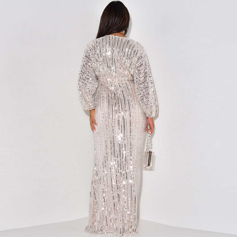 Dress Dress Sequined Long Sleeve V Neck Sequin Maxi Dress