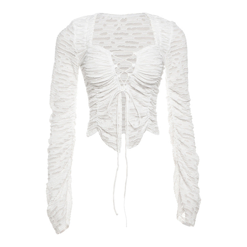 Autumn Winter Cutout Lace Up Color Long Sleeve Cardigan