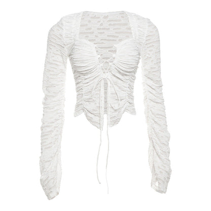 Autumn Winter Cutout Lace Up Color Long Sleeve Cardigan