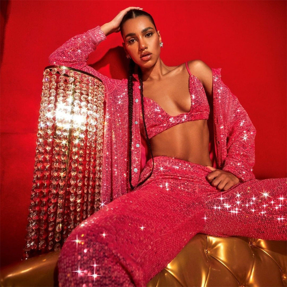 Sequined Long Sleeve Tops Shirt V Neck Vest Straight Leg Pants Three Piece Set Spring Summer Party Set