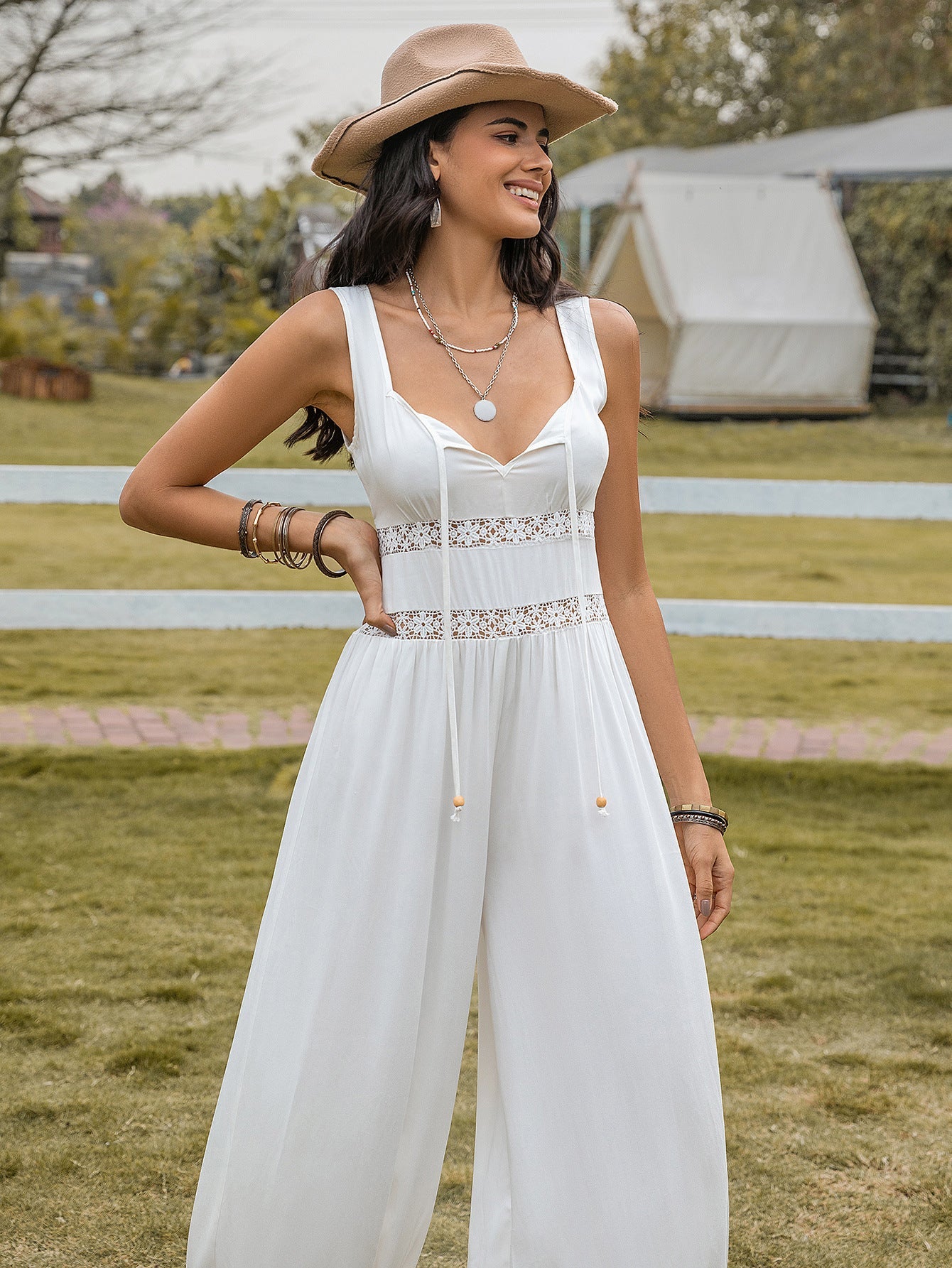 Bell Bottom Pants Drawstring Spaghetti Straps Sleeveless Hollow Out Cutout High Waist Jumpsuits
