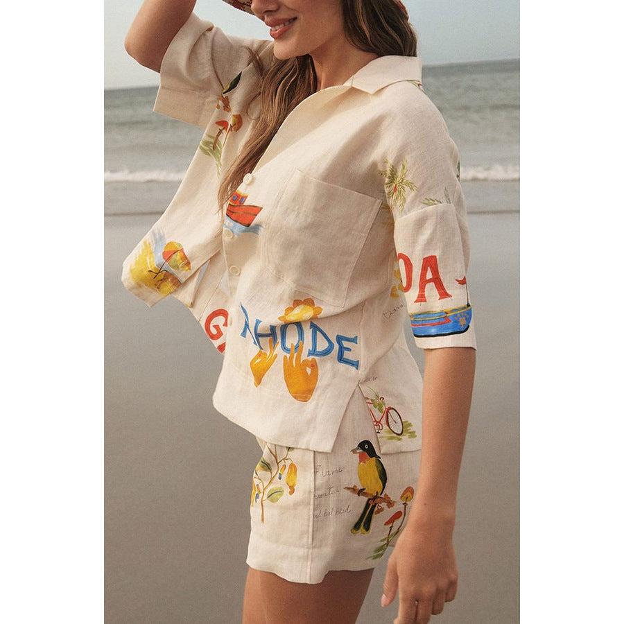 Spring Summer Vacation Flip Batwing Sleeve Set Loose Pockets Two-piece Set for