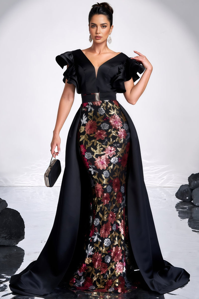 Ariasd Black Sequin Flower Maxi Dress
