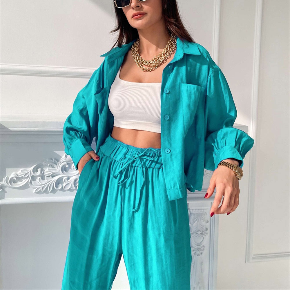 Commuting Wear Spring Summer Polo Collar Shirt Top Split Wide Leg Pants Two Piece Set Set
