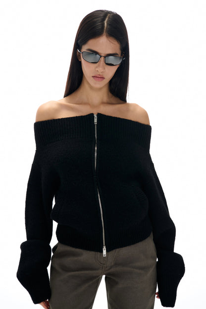 Off-the-shoulder Zipper Knit Cardigan