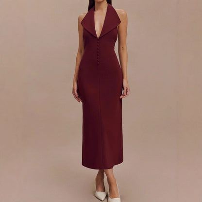 Clothing Backless V Neck Midi Dress Skinny Sheath Split Halter Dress
