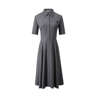 Charcoal Gray Shirt Dress: A-line Button-down With Short Sleeves and Collared Neckline