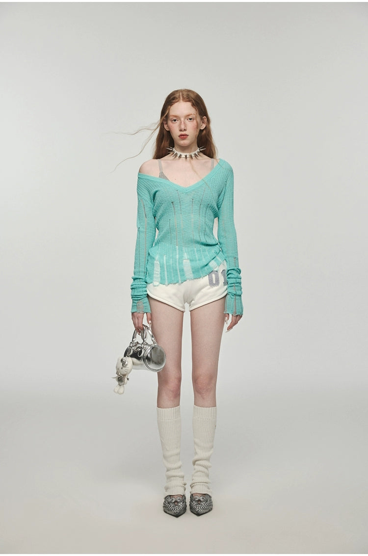 Hollow-out V-neck Thin Cardigan With Distressed Waist Knit Top