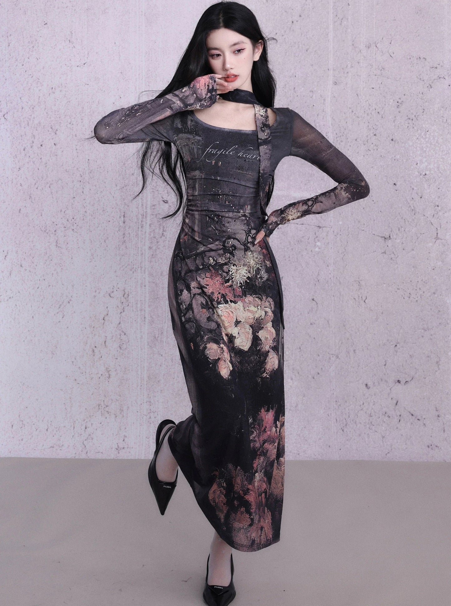 Enchanting Midnight Bloom Maxi Dress: Long-sleeve Bodycon With Print and Choker Detail