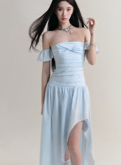Pale Blue Off-shoulder Ruched Maxi Dress With Asymmetrical Hem
