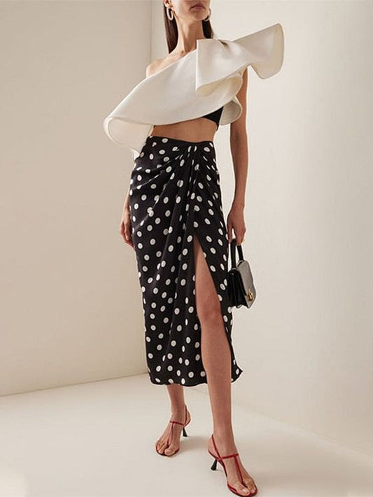 Asymmetric Ruffle Bikini Top With Shorts & Polka Dot Swimsuit Skirt Set