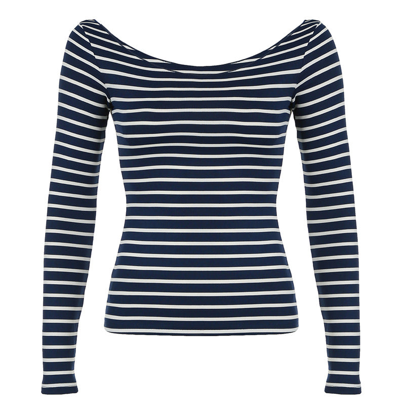 Off Shoulder Striped Lightweight Slim Fit Long Sleeve Blouse Off Shoulder Simple All Match Slim Fit Shirt