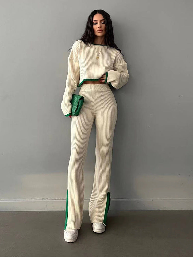 Autumn Winter Knitting Trousers Set Round Neck Long Sleeve Short Sweater Color Contrast Patchwork Slit Knitted Two Piece Set for