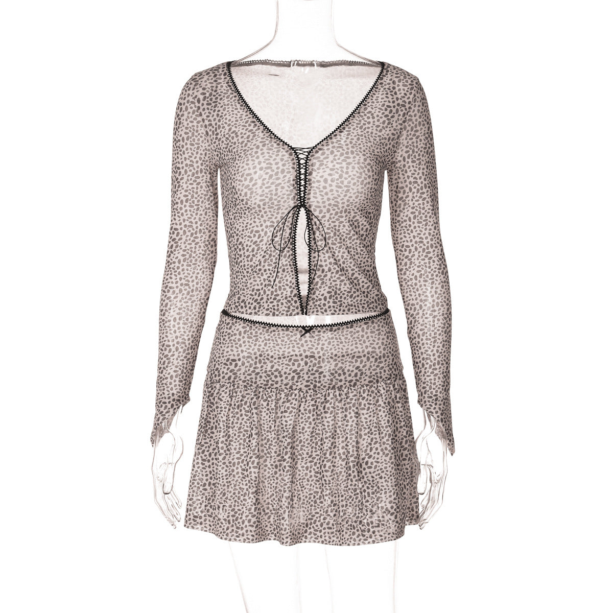 Summer Leopard Print Printed V Neck Cardigan Strap Long Sleeved T Shirt Miniskirt Set