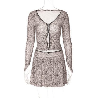 Summer Leopard Print Printed V Neck Cardigan Strap Long Sleeved T Shirt Miniskirt Set