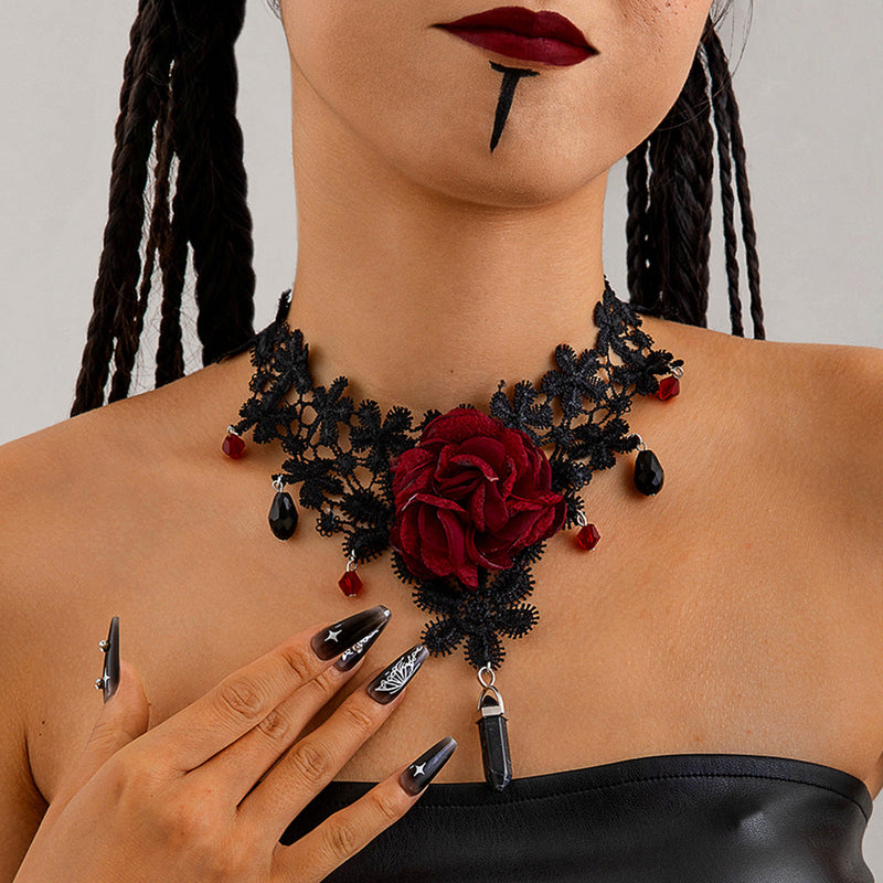 Gothic Red Lace Big Flower Sweet Geometric Pendant Halloween Necklace