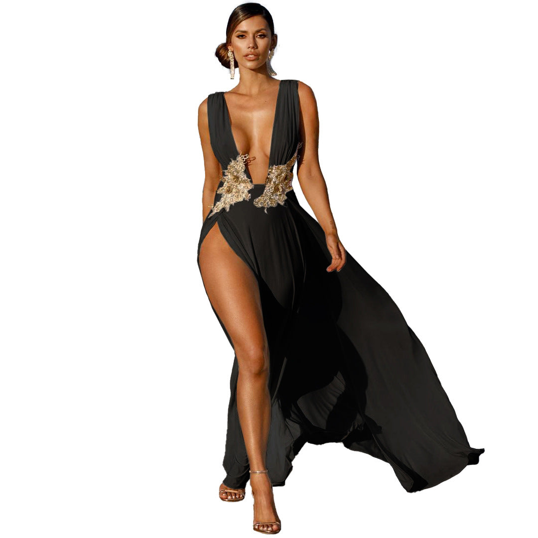 New Maxi Dress Wedding Evening Dress Deep V Plunge Plunge High Slit Part Large Swing Mop Dress