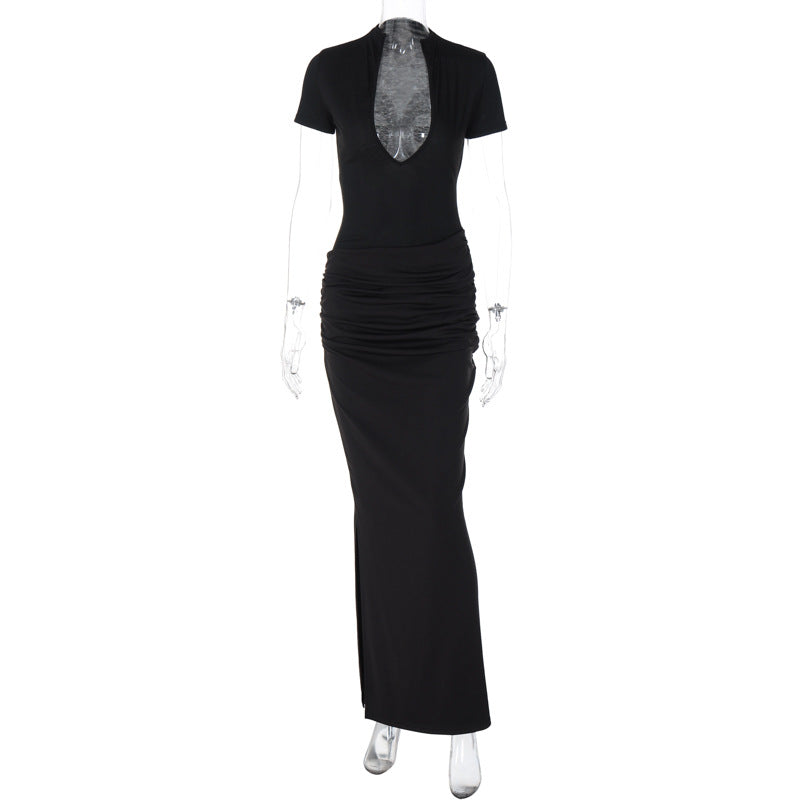 Winter Clothing Deep V Plunge Short Sleeve Color Pleated Maxi Dress