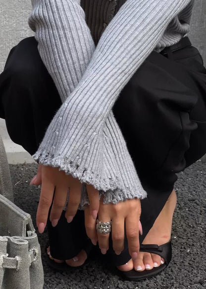 Frayed Ribbed Knit Button-up Cardigan
