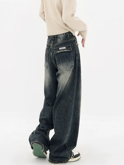 High Street Deep Blue Wide-leg Denim Pants