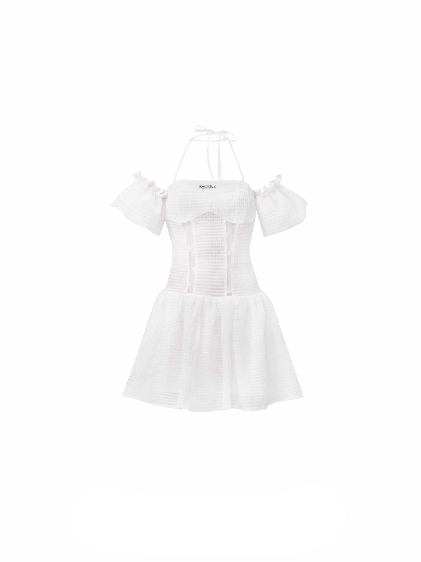 White Eyelet Lace Off-shoulder Mini Dress With Choker Neck Detail