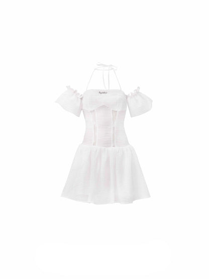 White Eyelet Lace Off-shoulder Mini Dress With Choker Neck Detail