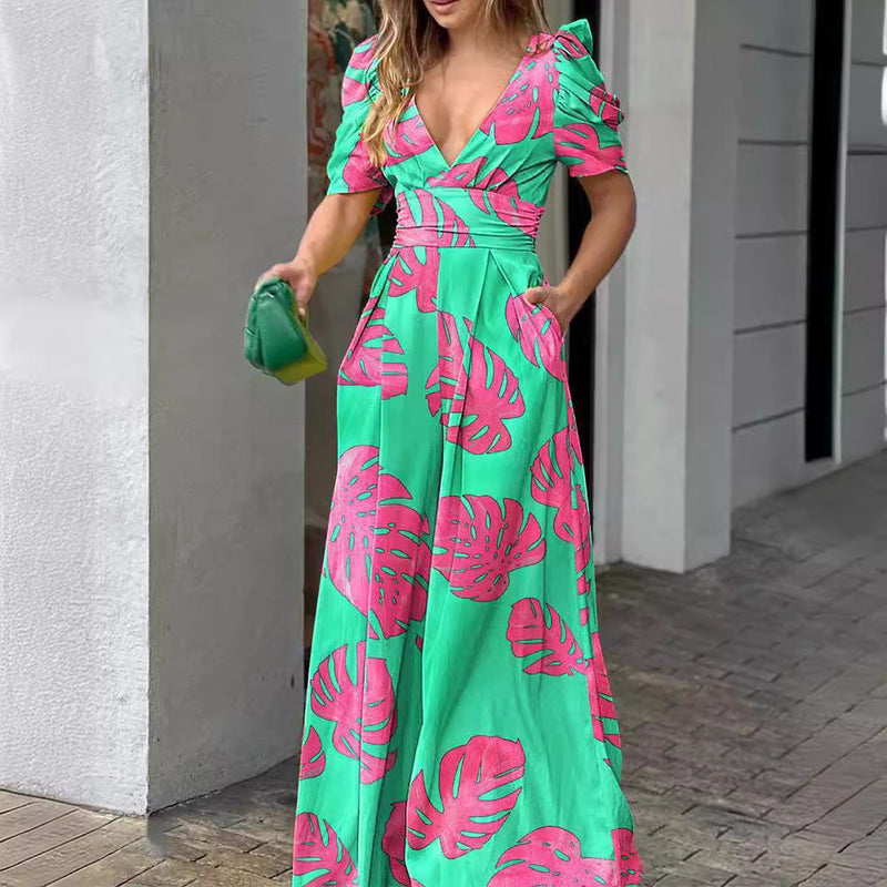 Clothing Printed V Neck Nipped Waist Trousers Short Sleeved Jumpsuit