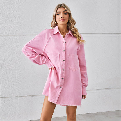 Wash Water Raw Edge Denim Dress Stitching Long Sleeve Cardigan for