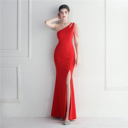 Craft Beaded One Shoulder Diagonal Collar Split Maxi Dress Performance Dinner Dress