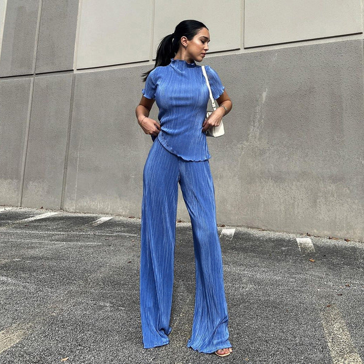 Spring Slimming T Shirt High Waist Blue Pleated Wide Leg Pants Clothing Suit