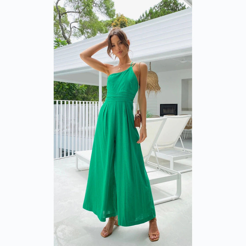 Spring Summer Color Loose Wide-leg Cotton Linen Jumpsuit