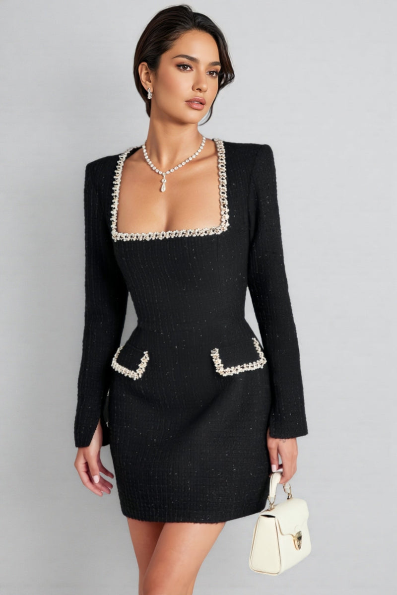 Ilyna U Neck Long Sleeve Mini Dress-black