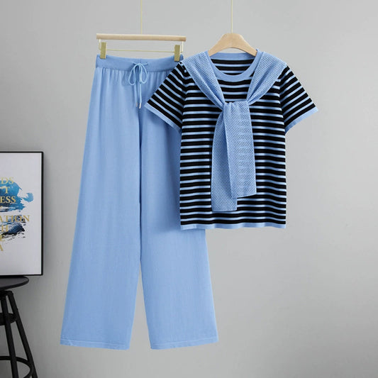 Sky Blue – Drawstring Short-sleeve Striped Two-piece Set