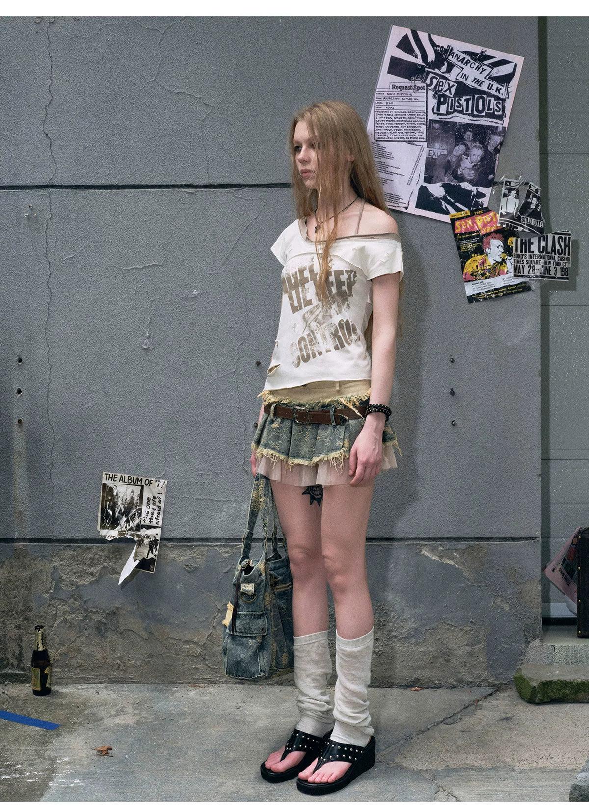 Cest Nous Layered Denim Mini Skirt - Distressed Patchwork Skirt With Belt