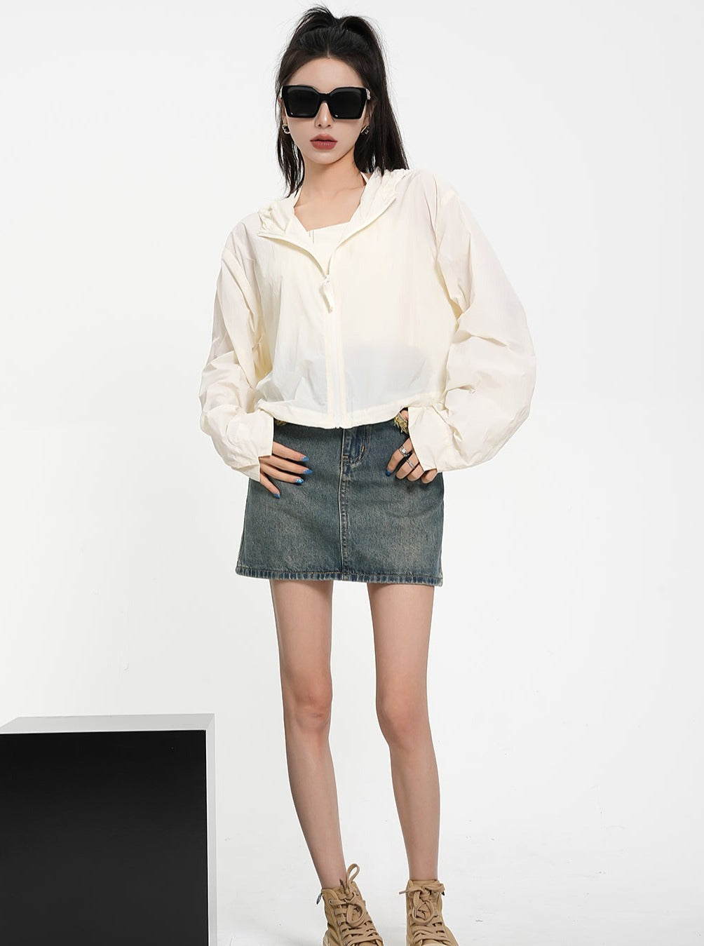 Textured Contrast Duo: Ivory Puff-sleeve Crop Blouse & Black Quilted Bomber Jacket Set