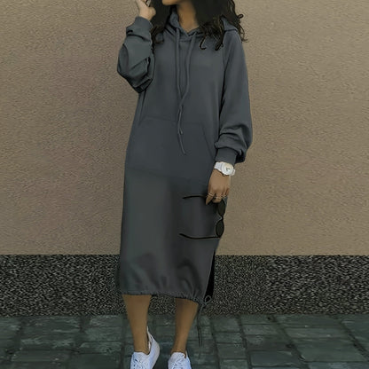 Autumn Winter Long Lace Up Hem Dress Hooded Sweater Midi Dress for