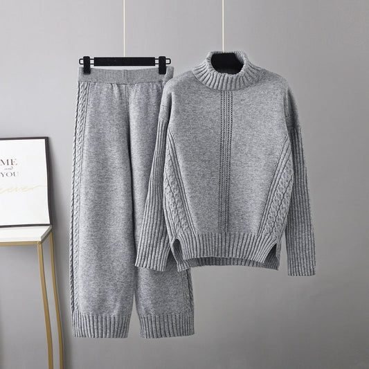 Turtleneck Pullover Thickened Knitting Sweater Set Autumn Winter Loose Idle Wide Leg Pants Two Piece Set