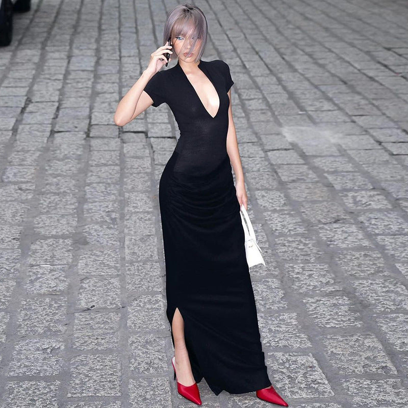 Winter Clothing Deep V Plunge Short Sleeve Color Pleated Maxi Dress