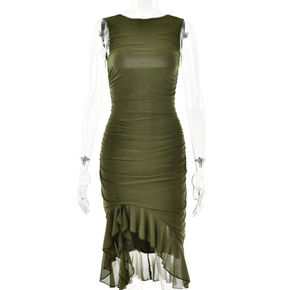 Spring Summer Round Neck Sleeveless Dress Tight Backless Pleated Midi Dress