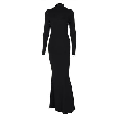 Autumn Color Half Collar Long Sleeve Personalized Bare Back Maxi Dress