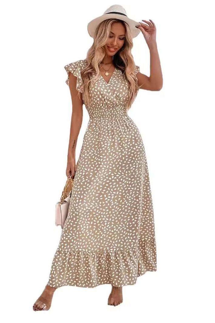 V-neck Ruffle Sleeve High Waist Dress